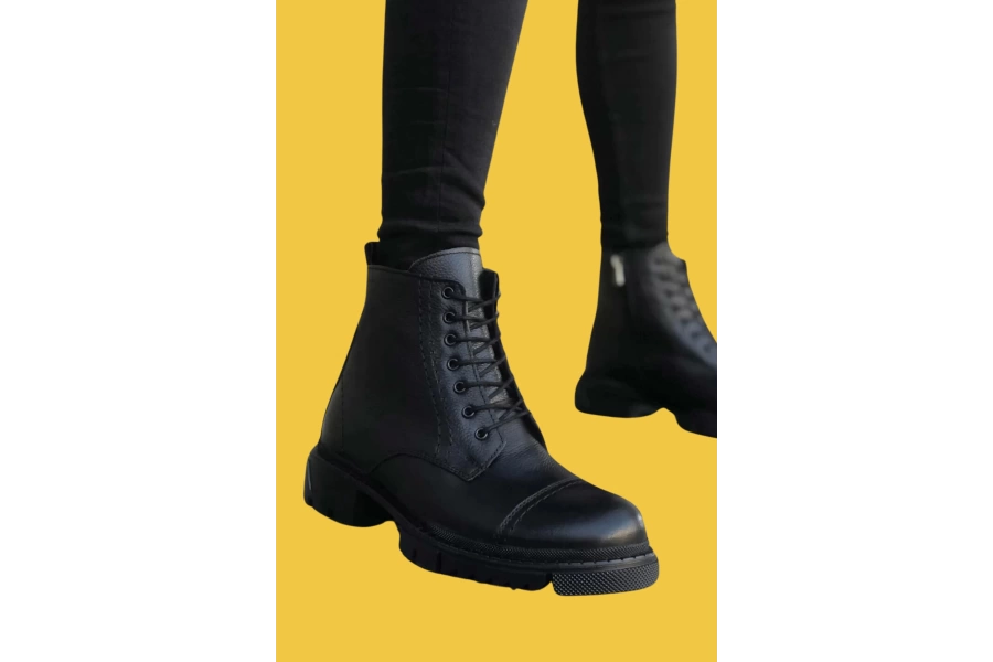 Shoecide Sbo0187 İçi Dışı Hakiki Deri Siyah Erkek Bağcıklı Fermuarlı Yarım Bilek Postal Bot