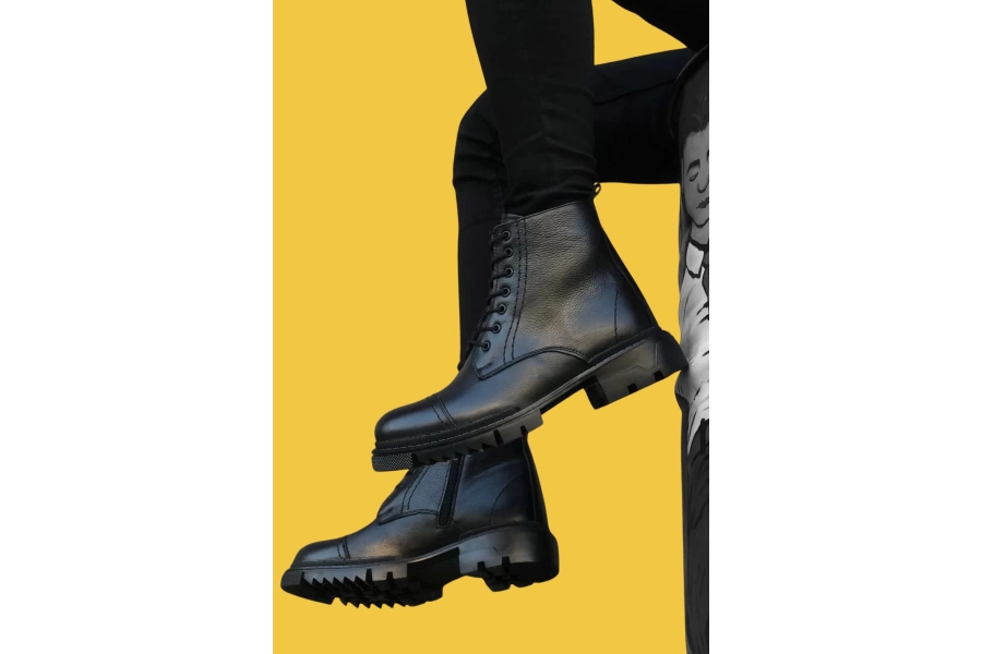 Shoecide Sbo0187 İçi Dışı Hakiki Deri Siyah Erkek Bağcıklı Fermuarlı Yarım Bilek Postal Bot