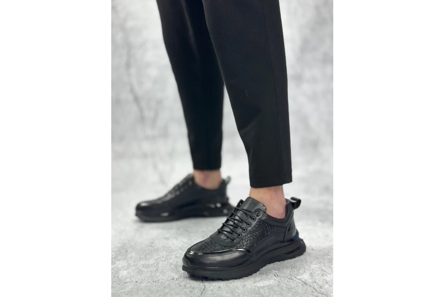 Shoecide Sbo0234 İçi Dışı Hakiki Deri Rahat Taban Siyah Krokodil Sneakers Casual Erkek Ayakkabı