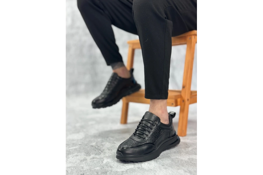 Shoecide Sbo0234 İçi Dışı Hakiki Deri Rahat Taban Siyah Krokodil Sneakers Casual Erkek Ayakkabı