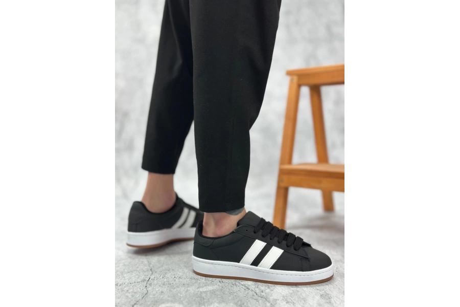 Shoecide Sbo0235 Bağcıklı Rahat Taban İki Çizgili Siyah Cilt Erkek Günlük Ayakkabı