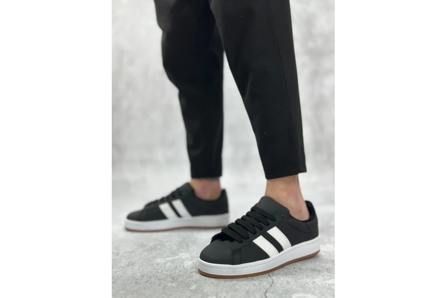 Shoecide Sbo0235 Bağcıklı Rahat Taban İki Çizgili Siyah Cilt Erkek Günlük Ayakkabı