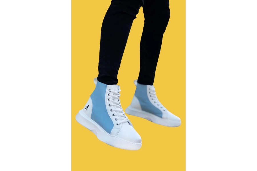 Shoecide Sbo0256 Bağcıklı Erkek Yüksek Taban Beyaz Mavi Taban Spor Bot