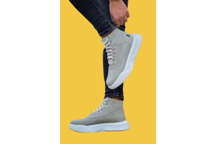 Shoecide Sbo0318 Bağcıklı Erkek Yüksek Taban Gri Taban Spor Bot
