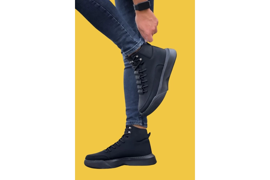 Shoecide Sbo0321 Gizli Bağcıklı Yüksek Taban Siyah Erkek Spor Bot
