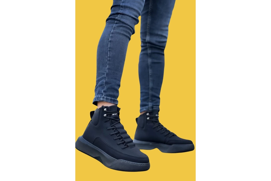 Shoecide Sbo0321 Gizli Bağcıklı Yüksek Taban Siyah Erkek Spor Bot