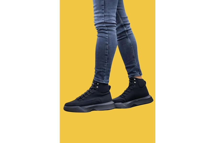 Shoecide Sbo0321 Gizli Bağcıklı Yüksek Taban Siyah Erkek Spor Bot