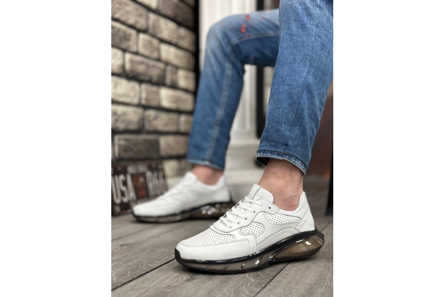 Shoecide Sbo0324 İçi Dışı Hakiki Deri Rahat Taban Beyaz Sneakers Casual Erkek Ayakkabı