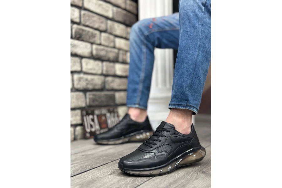 Shoecide Sbo0324 İçi Dışı Hakiki Deri Rahat Taban Siyah Sneakers Casual Erkek Ayakkabı