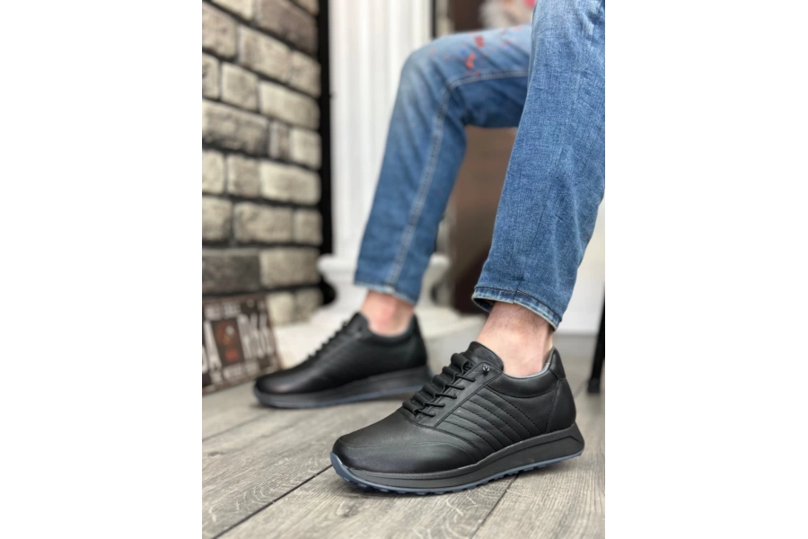 Shoecide Sbo0325 İçi Dışı Hakiki Deri Gizli Bağcık Rahat Taban Siyah Sneakers Casual Erkek Ayakkabı