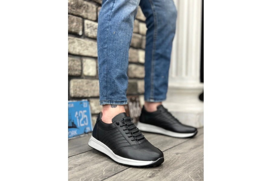 Shoecide Sbo0325 İçi Dışı Hakiki Deri Gizli Bağcık Rahat Taban Siyah Sneakers Casual Erkek Ayakkabı