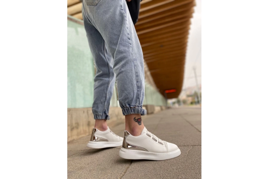 Shoecide Sbo0329 3 Bant Beyaz Gümüş Detaylı Kalın Taban Casual Erkek Ayakkabı