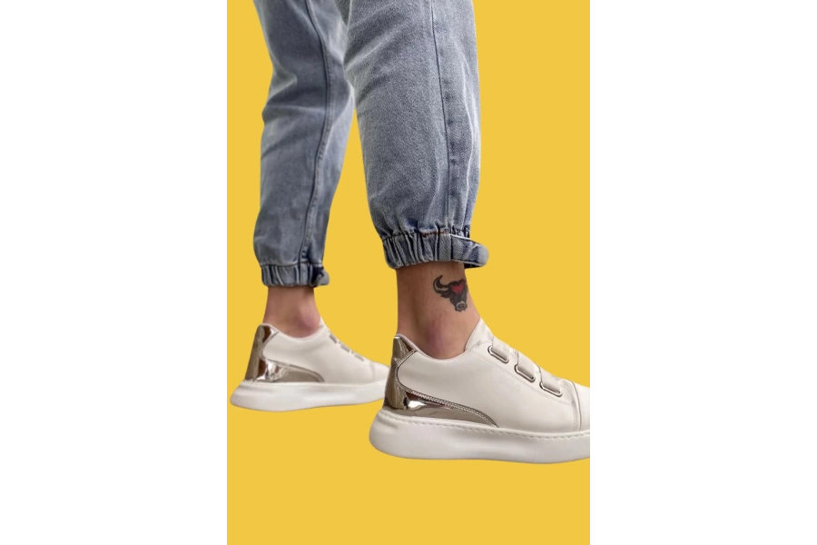 Shoecide Sbo0329 3 Bant Beyaz Gümüş Detaylı Kalın Taban Casual Erkek Ayakkabı