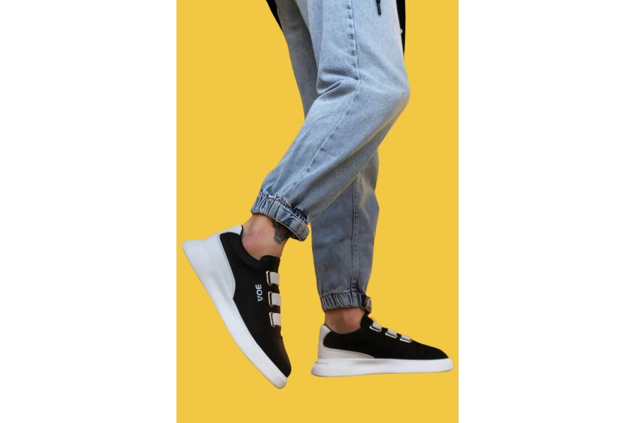 Shoecide Sbo0329 3 Bant Siyah Beyaz Detaylı Kalın Taban Casual Erkek Ayakkabı