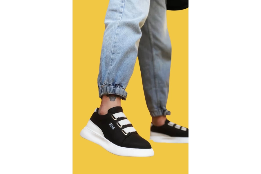 Shoecide Sbo0329 3 Bant Siyah Beyaz Detaylı Kalın Taban Casual Erkek Ayakkabı