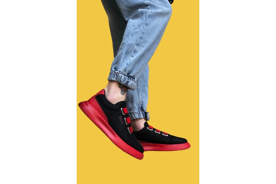 Shoecide Sbo0329 3 Bant Siyah Kırmızı Kalın Taban Casual Erkek Ayakkabı