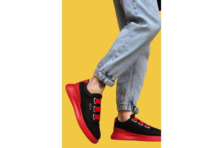 Shoecide Sbo0329 3 Bant Siyah Kırmızı Kalın Taban Casual Erkek Ayakkabı