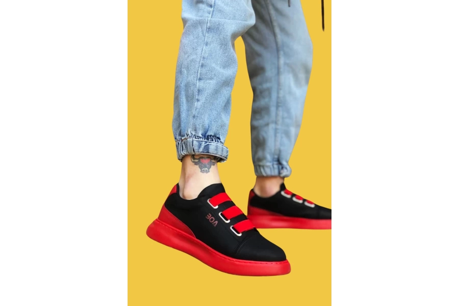 Shoecide Sbo0329 3 Bant Siyah Kırmızı Kalın Taban Casual Erkek Ayakkabı