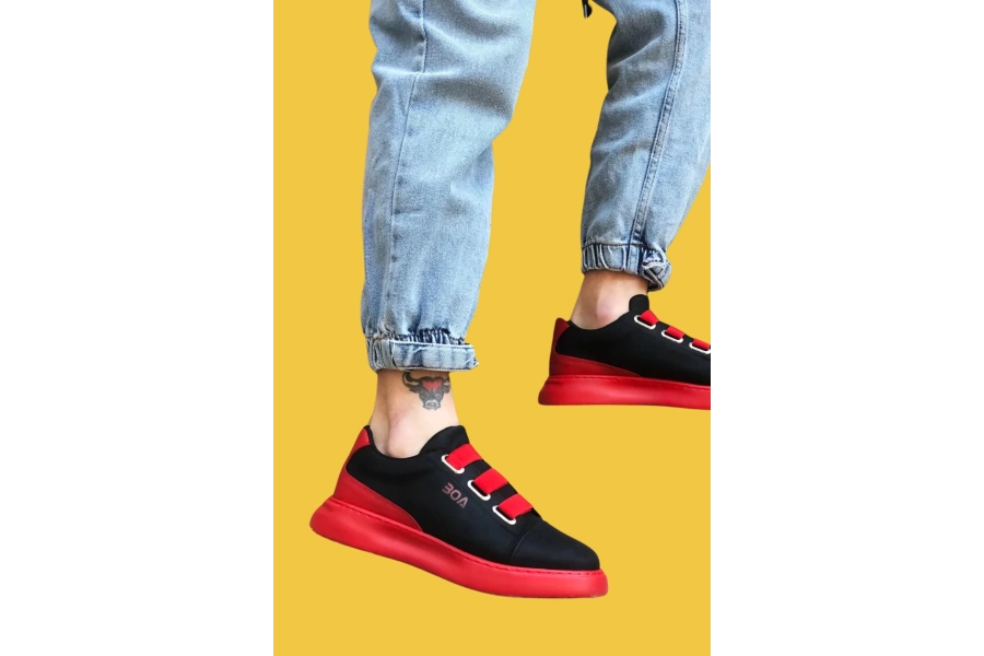 Shoecide Sbo0329 3 Bant Siyah Kırmızı Kalın Taban Casual Erkek Ayakkabı