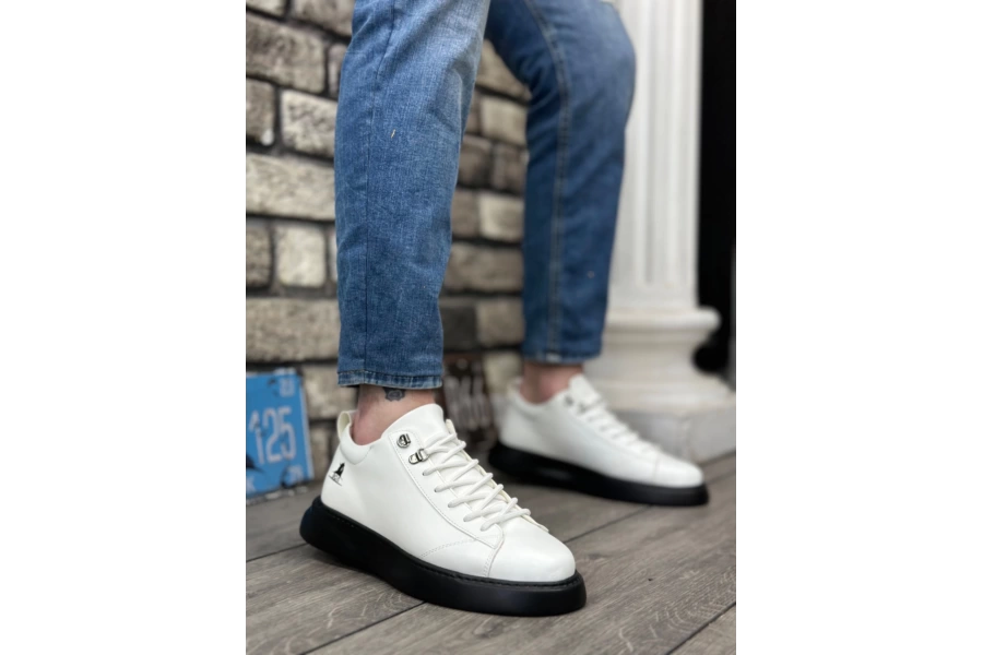 Shoecide Sbo0331 Bağcıklı Erkek Yüksek Taban Beyaz  Siyah Cilt  Spor Ayakkabı