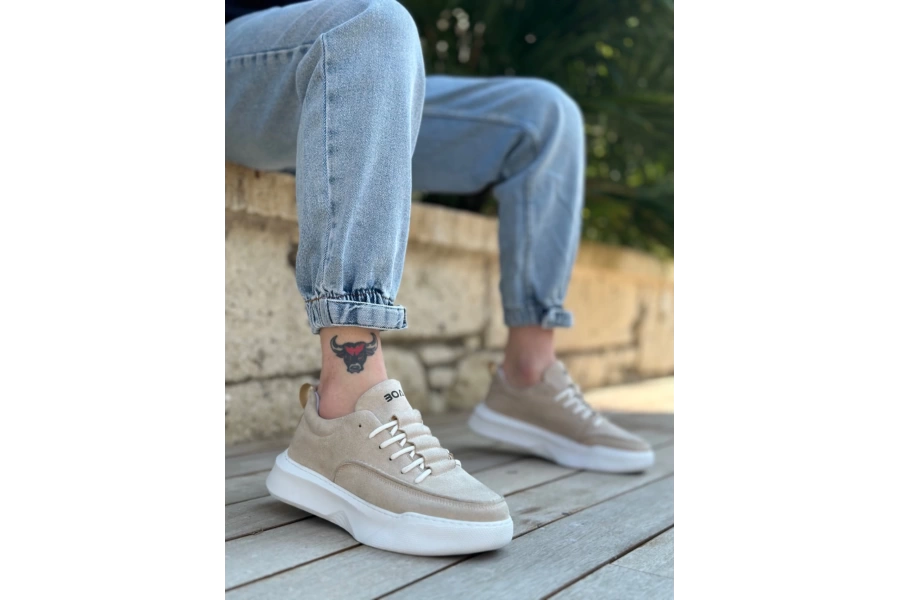 Shoecide Sbo0332 Merdiven Desen Bağcıklı Erkek Yüksek Taban Krem Süet Spor Ayakkabı