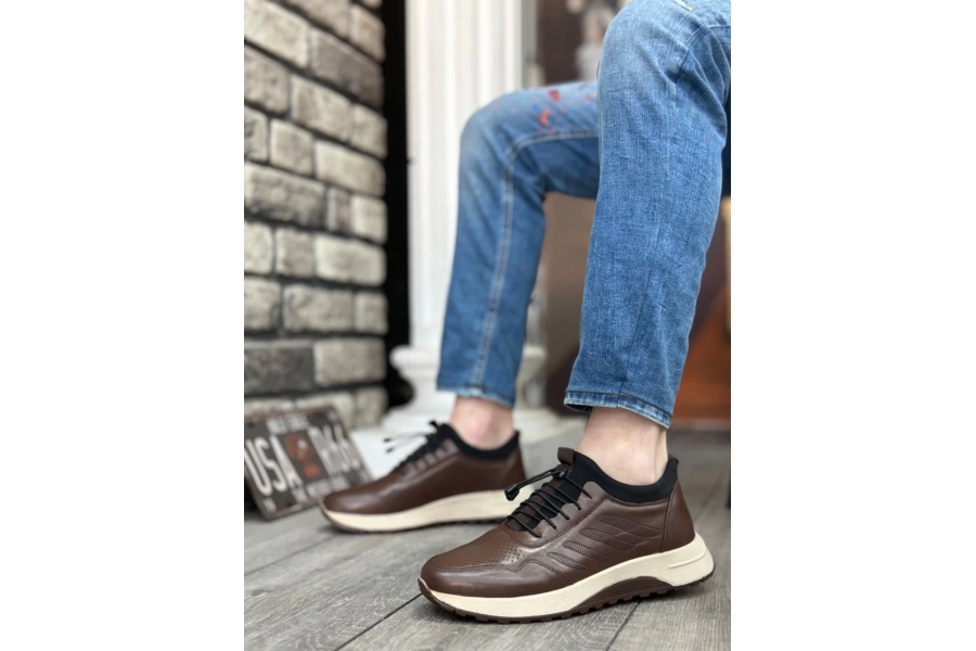 Shoecide Sbo0335 Hakiki Deri Rahat Taban Ayarlanabilir Lastik Bağcıklı Kahverengi Casual Erkek Ayakkabı