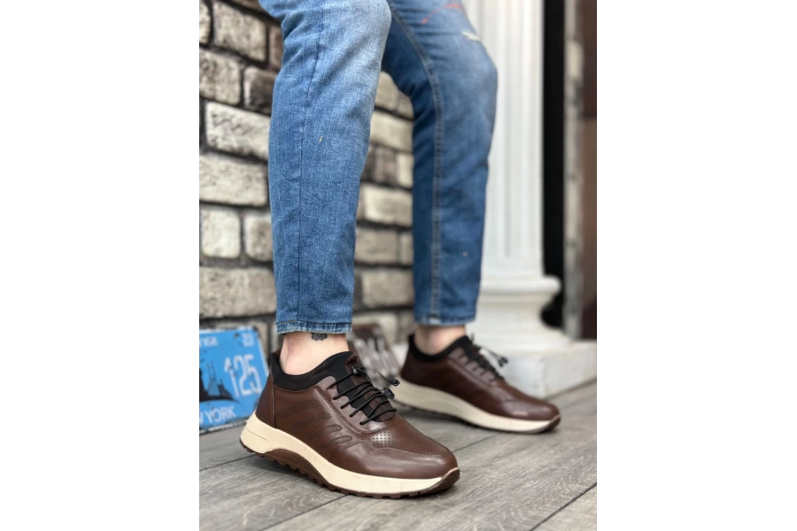 Shoecide Sbo0335 Hakiki Deri Rahat Taban Ayarlanabilir Lastik Bağcıklı Kahverengi Casual Erkek Ayakkabı