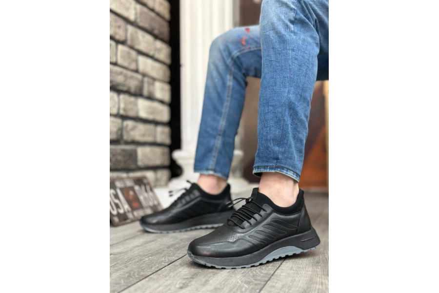 Shoecide Sbo0335 Hakiki Deri Rahat Taban Ayarlanabilir Lastik Bağcıklı Siyah Casual Erkek Ayakkabı