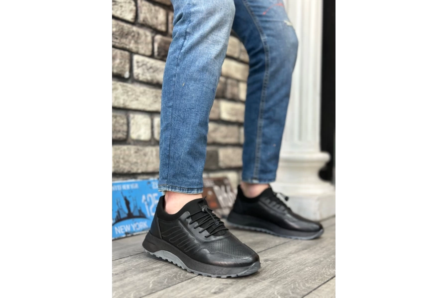 Shoecide Sbo0335 Hakiki Deri Rahat Taban Ayarlanabilir Lastik Bağcıklı Siyah Casual Erkek Ayakkabı