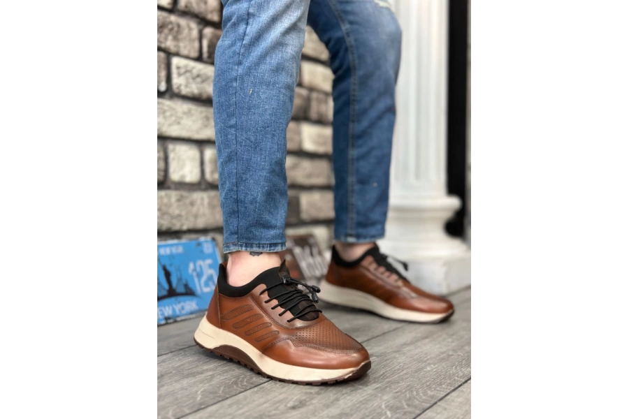 Shoecide Sbo0335 Hakiki Deri Rahat Taban Ayarlanabilir Lastik Bağcıklı Taba Casual Erkek Ayakkabı