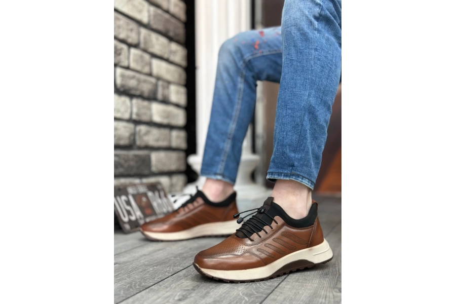 Shoecide Sbo0335 Hakiki Deri Rahat Taban Ayarlanabilir Lastik Bağcıklı Taba Casual Erkek Ayakkabı