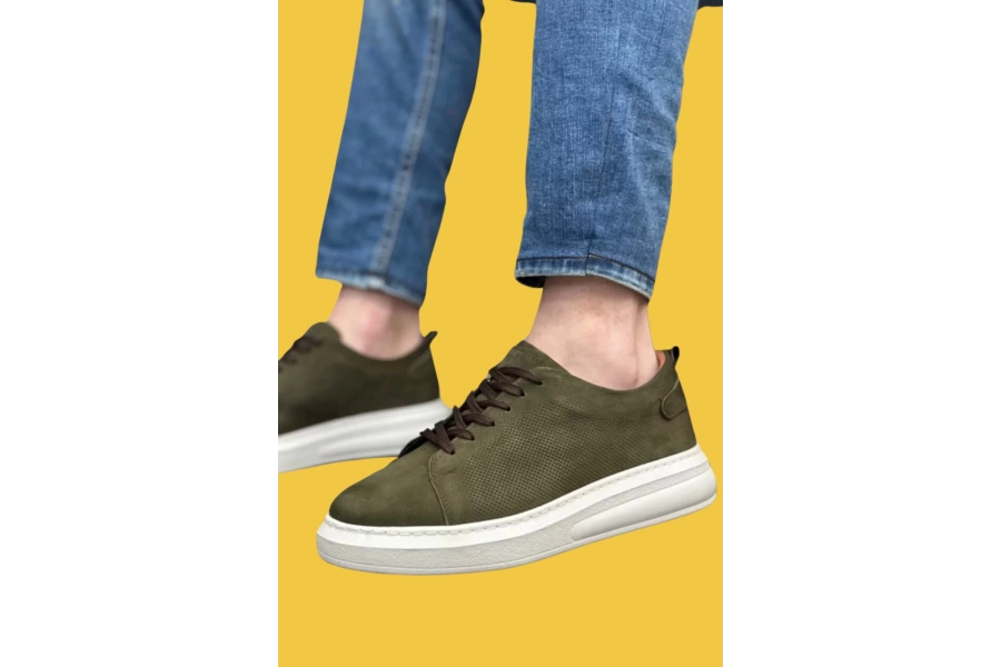 Shoecide Sbo0336 İçi Dışı Hakiki Nubuk Deri Haki Bağcıklı Casual Erkek Ayakkabı