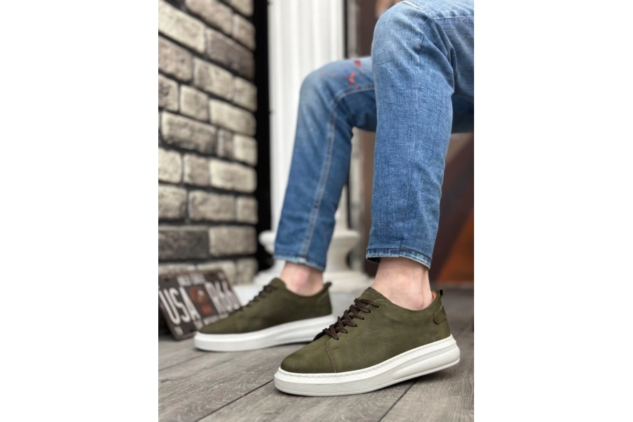 Shoecide Sbo0336 İçi Dışı Hakiki Nubuk Deri Haki Bağcıklı Casual Erkek Ayakkabı