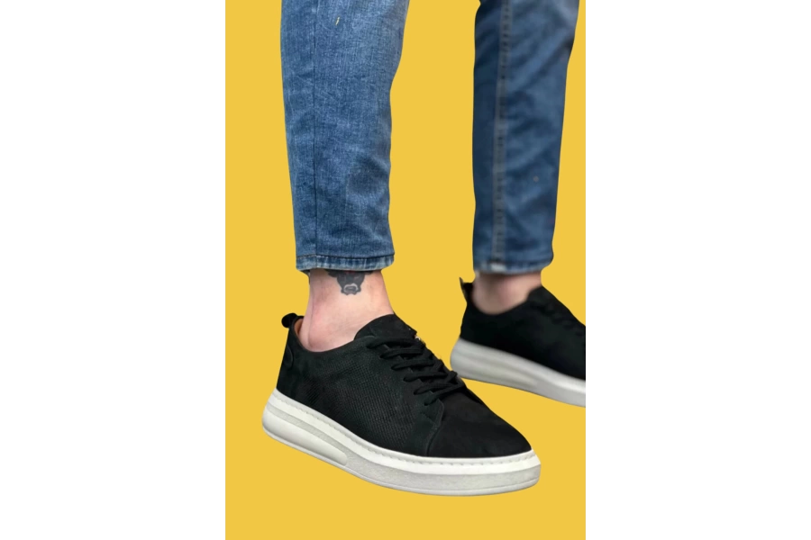 Shoecide Sbo0336 İçi Dışı Hakiki Nubuk Deri Siyah Bağcıklı Casual Erkek Ayakkabı