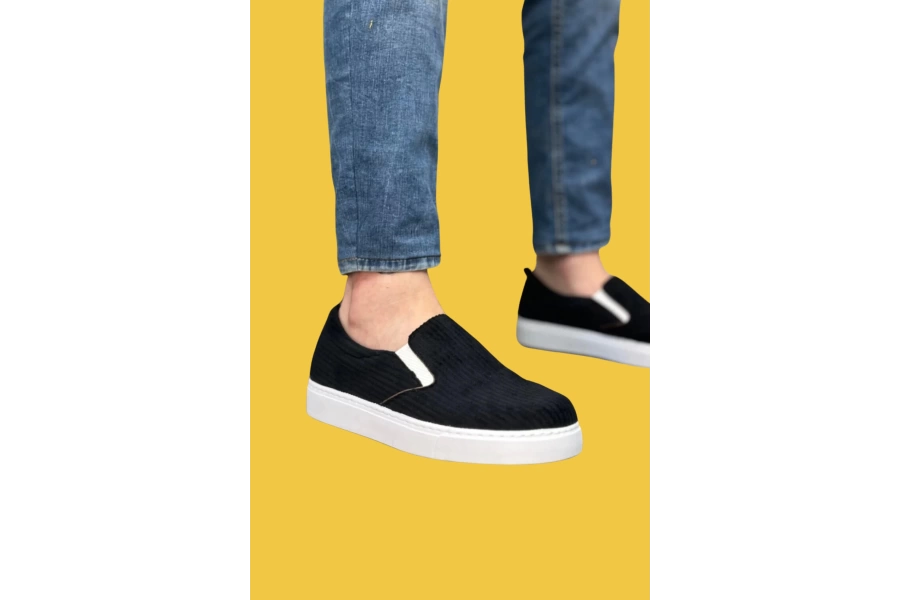 Shoecide Sbo0339 Bağcıksız Kadife Siyah Beyaz Taban Günlük Erkek Ayakkabı