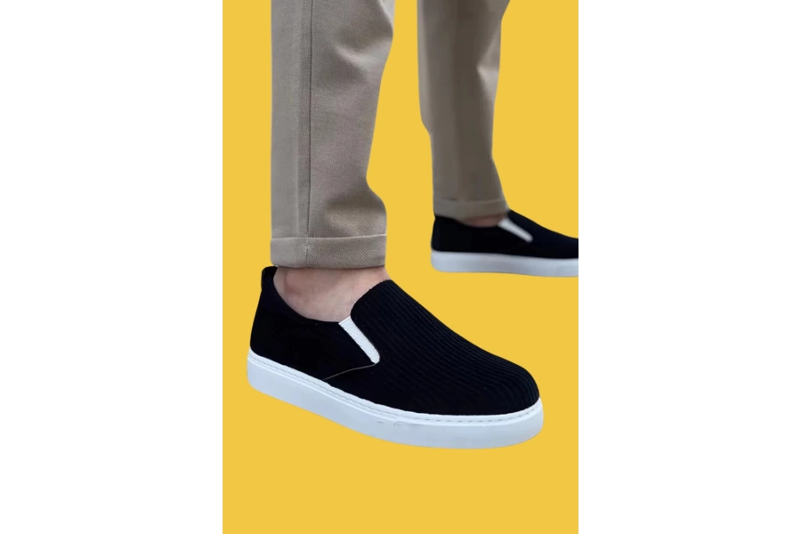 Shoecide Sbo0339 Bağcıksız Kadife Siyah Beyaz Taban Günlük Erkek Ayakkabı