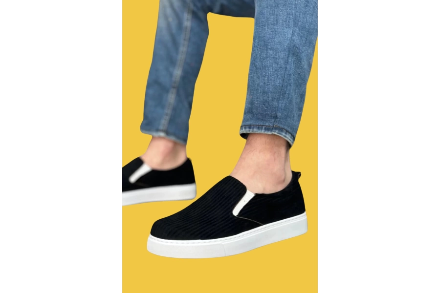 Shoecide Sbo0339 Bağcıksız Kadife Siyah Beyaz Taban Günlük Erkek Ayakkabı