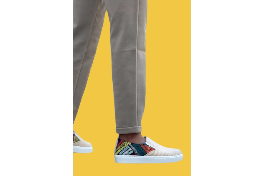 Shoecide Sbo0339 Bağcıksız Keten Krem Renkli Desenli Beyaz Taban Günlük Erkek Ayakkabı
