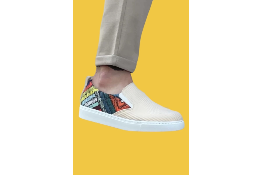 Shoecide Sbo0339 Bağcıksız Keten Krem Renkli Desenli Beyaz Taban Günlük Erkek Ayakkabı