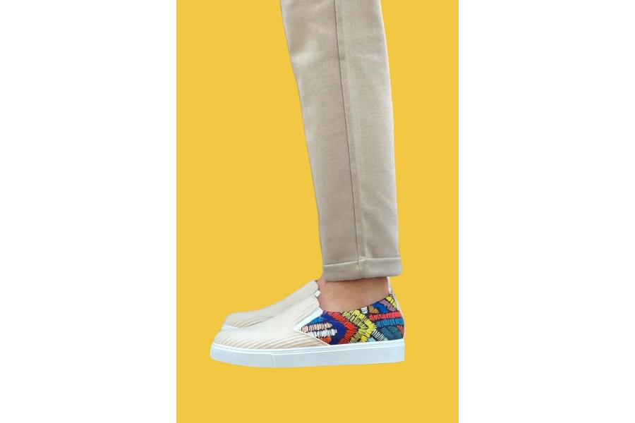 Shoecide Sbo0339 Bağcıksız Keten Krem Renkli Desenli Beyaz Taban Günlük Erkek Ayakkabı