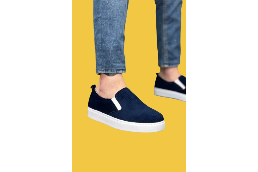 Shoecide Sbo0339 Bağcıksız Slip-on Kadife Lacivert Beyaz Taban Günlük Erkek Ayakkabı