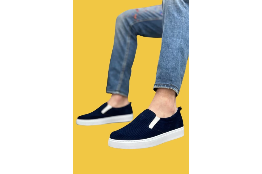 Shoecide Sbo0339 Bağcıksız Slip-on Kadife Lacivert Beyaz Taban Günlük Erkek Ayakkabı