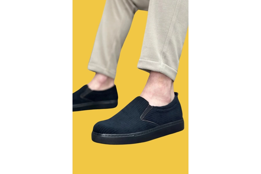 Shoecide Sbo0339 Bağcıksız Slip-on Kadife Siyah Siyah Taban Günlük Erkek Ayakkabı