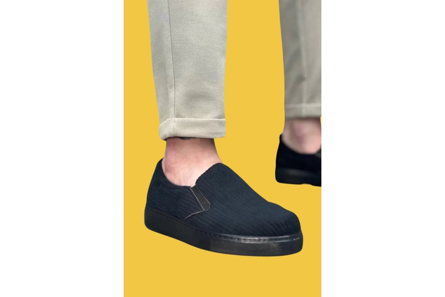 Shoecide Sbo0339 Bağcıksız Slip-on Kadife Siyah Siyah Taban Günlük Erkek Ayakkabı