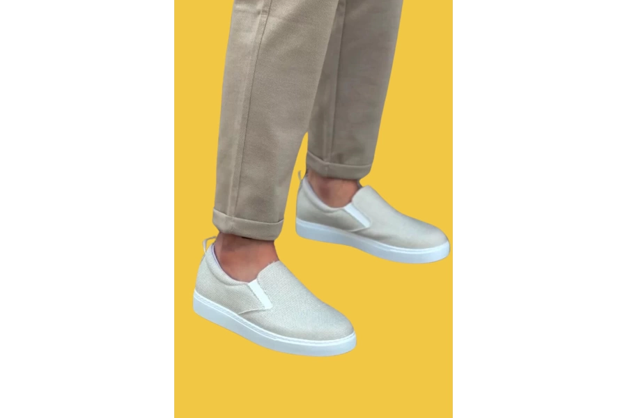 Shoecide Sbo0339 Bağcıksız Slip-on Keten Krem Beyaz Taban Günlük Erkek Ayakkabı