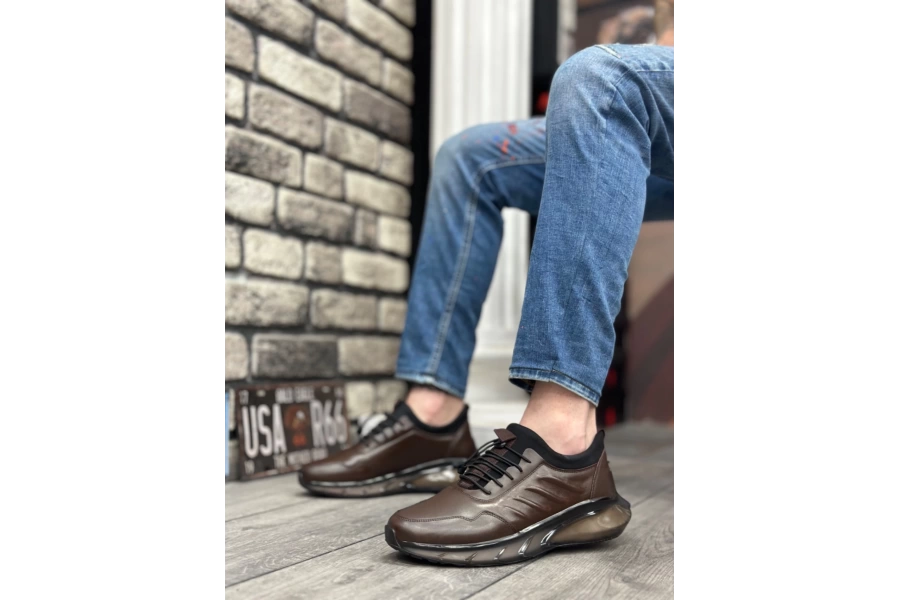 Shoecide Sbo0345 Hakiki Deri Rahat Taban Ayarlanabilir Lastik Bağcıklı Desenli Kahverengi Casual Erkek Ayakkabı