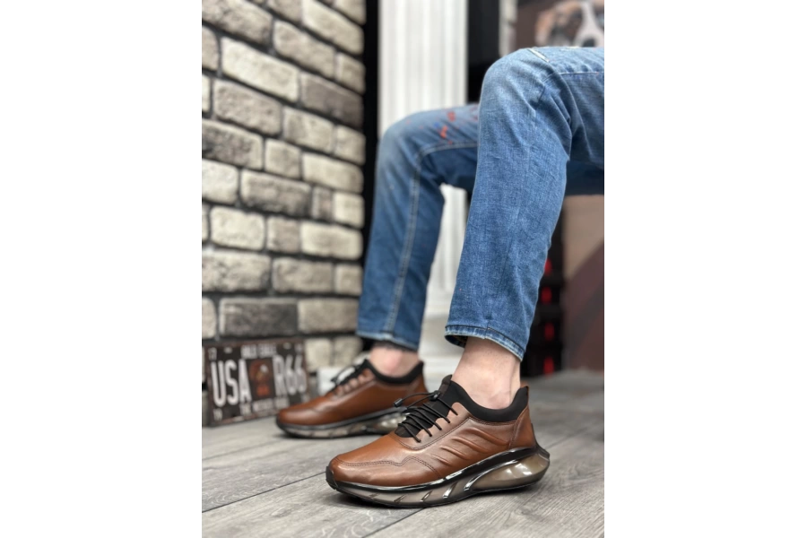 Shoecide Sbo0345 Hakiki Deri Rahat Taban Ayarlanabilir Lastik Bağcıklı Desenli Taba Casual Erkek Ayakkabı