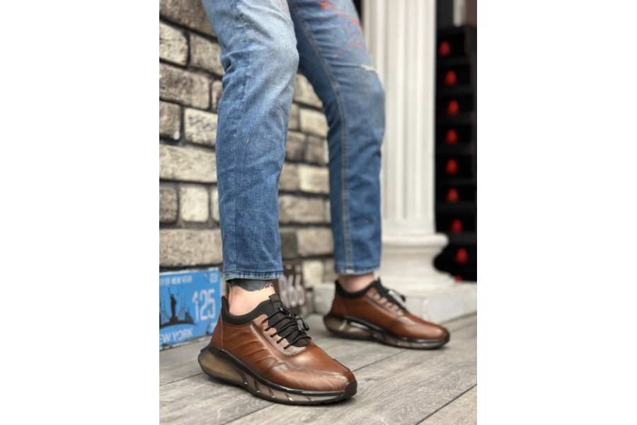 Shoecide Sbo0345 Hakiki Deri Rahat Taban Ayarlanabilir Lastik Bağcıklı Desenli Taba Casual Erkek Ayakkabı