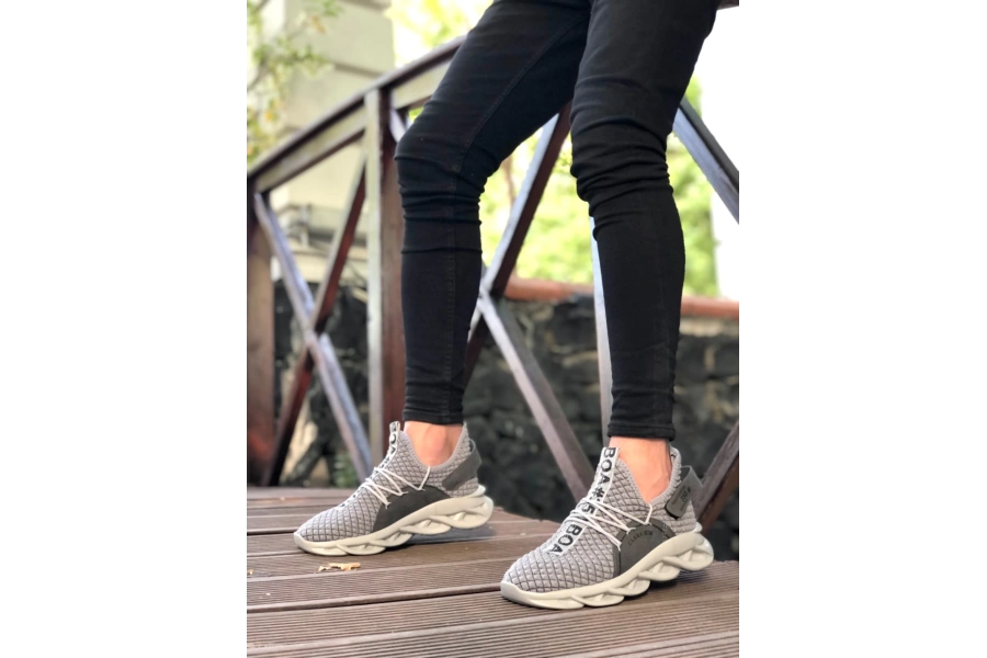 Shoecide Sbo0350 Yüksek Taban Tarz Sneakers Cırt Detaylı Gri Erkek Spor Ayakkabısı