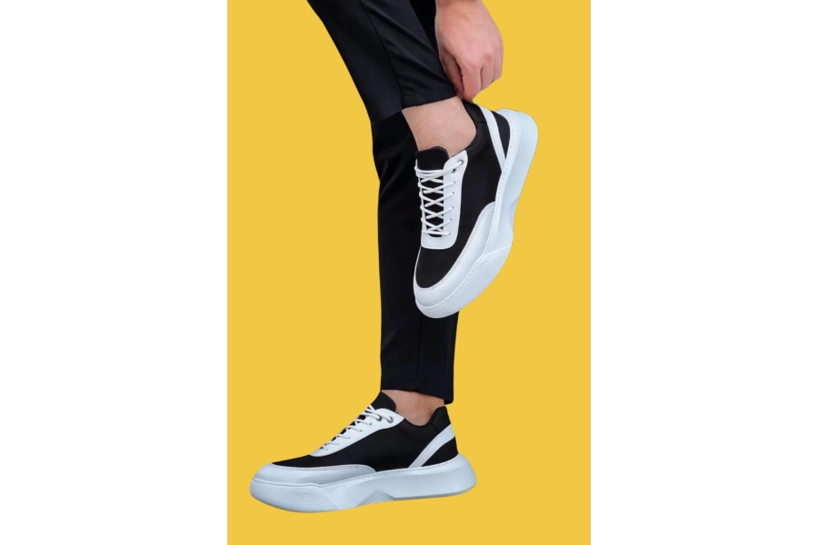 Shoecide Sbo0354 Bağcıklı Beyaz Parçalı Beyaz Yüksek Taban Erkek Günlük Spor Ayakkabı